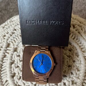 New Michael Kors Rose Gold Watch with Vibrant Blue face and Michael Kors box